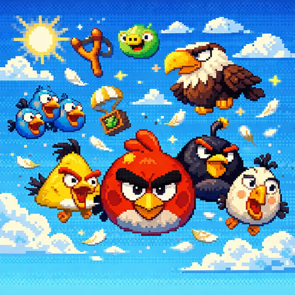 Kolorowe ptaki z gry Angry Birds na tle nieba