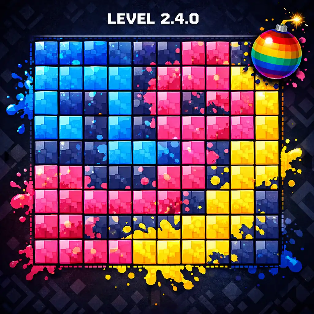 Zrzut ekranu z gry Flow Splash: Color Pixel przedstawiający nowy poziom z aktualizacji 2.4.0, z kolorową planszą i boosterem Tęczowa Bomba