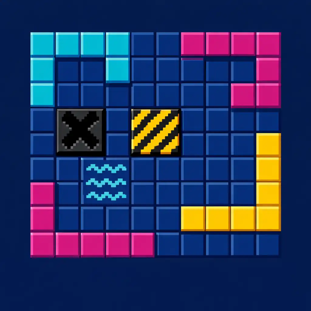 Zbliżenie na trudny poziom Flow Splash: Color Pixel z pixelowymi blokami i przeszkodami