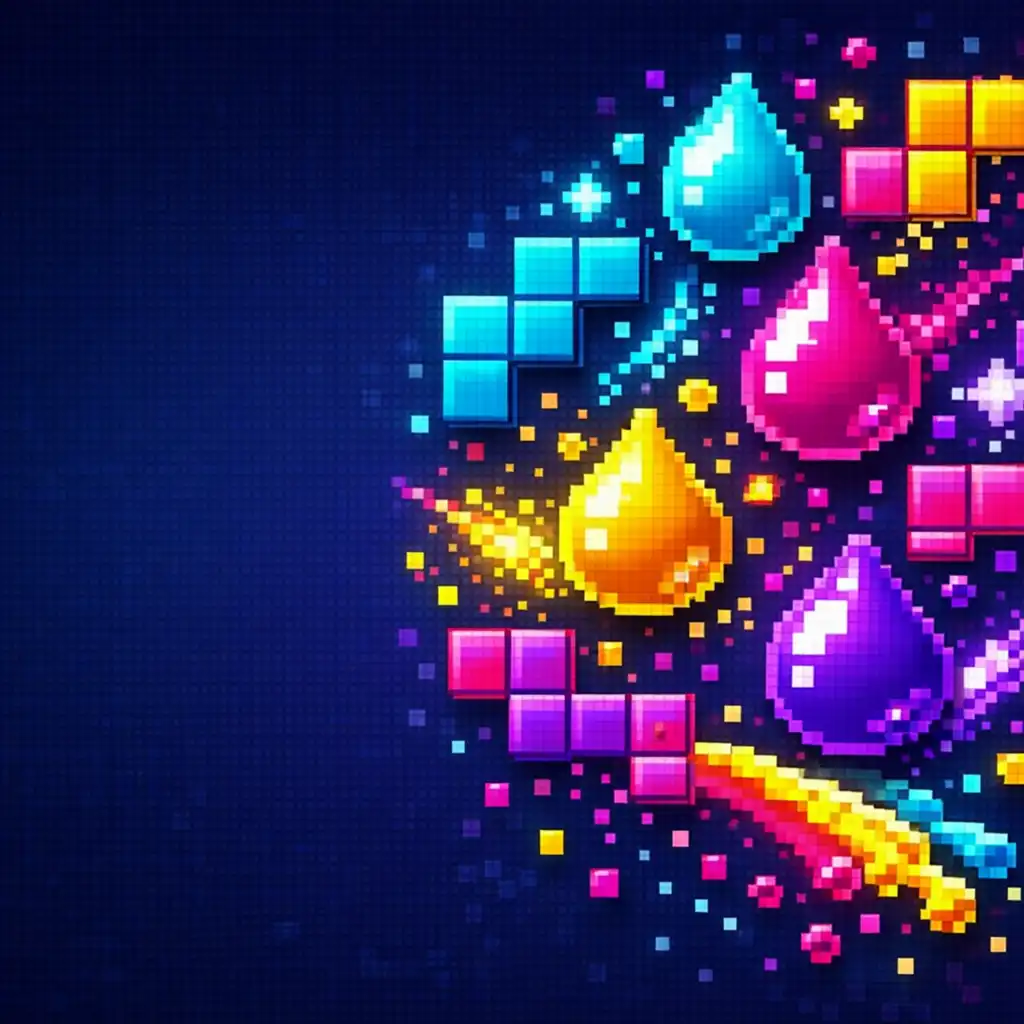 Kolaż pixelowych kropli, bloków i efektów cząsteczkowych z gry Flow Splash: Color Pixel