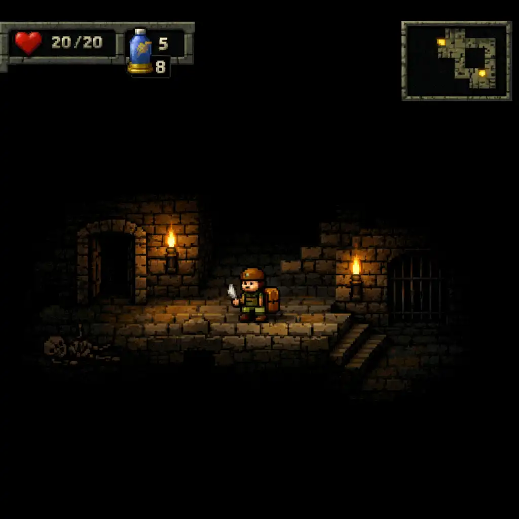 Pikselowy bohater w ciemnym lochu w grze Pixel Dungeon