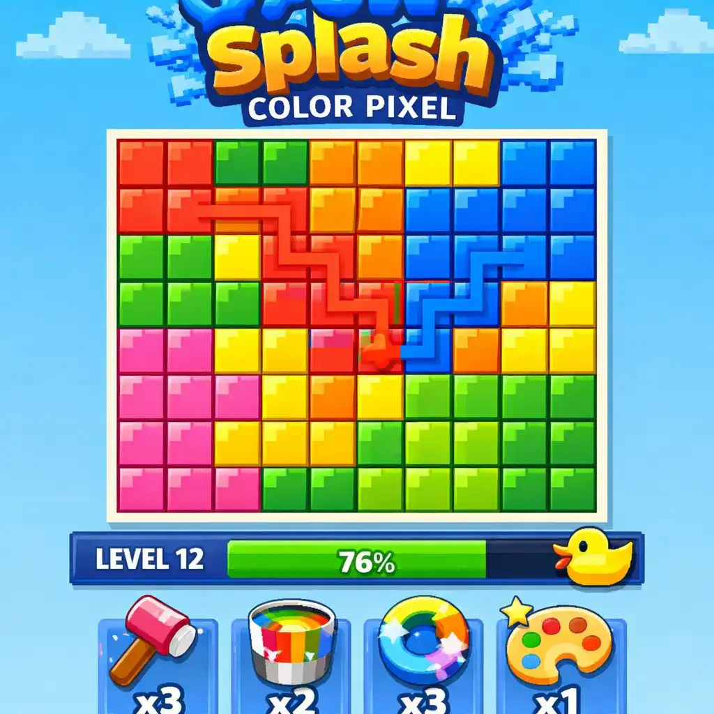 Zrzut ekranu z gry Flow Splash: Color Pixel pokazujący planszę z kolorowymi pikselami, pasek postępu, licznik ruchów i ikony boosterów